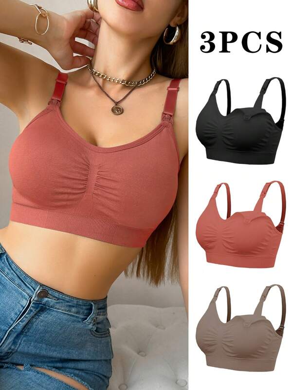 SHEIN 3-Pcs Maternity Solid Color Pleated Comfortable Lingerie Set