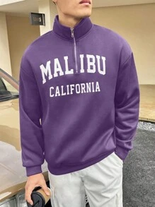 Aesthetic Post--Loose Fit Men's Letter Graphic Half Zip Drop Shoulder Sweatshirt - Purple - View 3