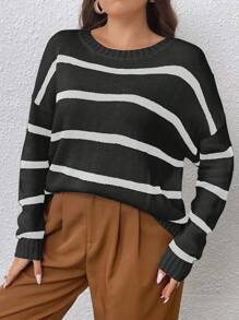 Celure Plus Size Women Striped Pattern Regular Drop Shoulder Crew Neck Casual Pullover Sweater, Spring/Autumn Knit Pullover Fall Winter Sweater