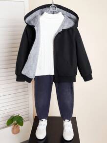SHEIN Set de 2 piezas de chaqueta con capucha y pantalones de pierna recta y acogedora para bebé niño, apta para viajes, escuela, hogar, ocio, calle, fiesta y actividades al aire libre - Negro - Ver 4