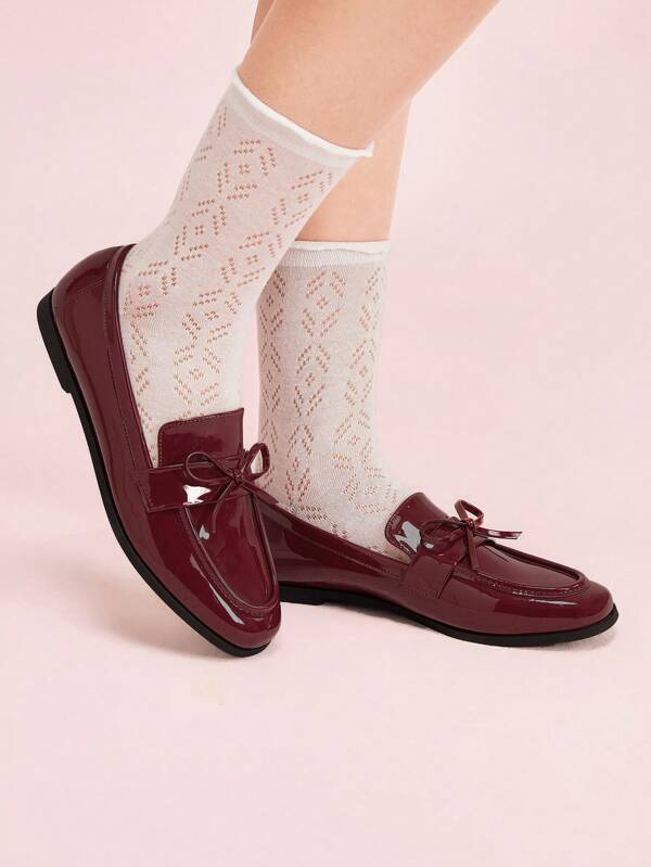 CUCCOO DOLLMOD Round Toe Wine Red Sweet Bow Knot Casual Flat Shoes For Women, New Style Sorceress BURGUNDY Flats Spring Shoes Spring Break Easter