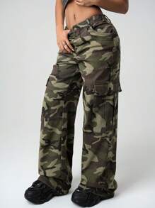 SHEIN ICON Women's Front Button Pocket Simple Casual Y2k Holiday New Years Baggy Camo Cargo Denim Low Waist Camouflage Jeans