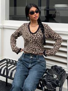 SHEIN Unity Women's Crop V-Neck Leopard Print American-Style Long Sleeve Sweater, Unique Design For Autumn/Winter Knit Pullover Fall - Multicolor - View 1