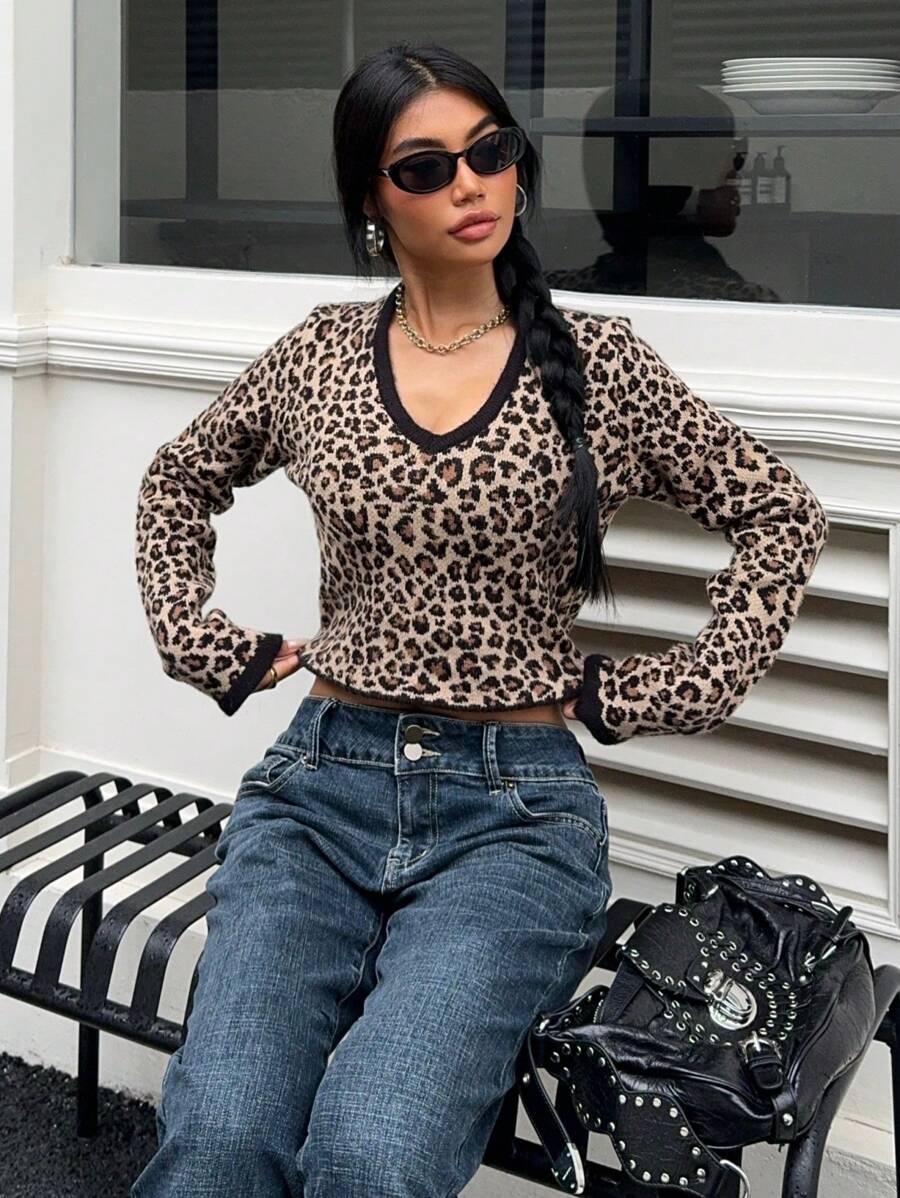 SHEIN Unity Women's Crop V-Neck Leopard Print American-Style Long Sleeve Sweater, Unique Design For Autumn/Winter Knit Pullover Fall - Multicolor - View 1