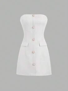 Sweetra 女士纽扣前口袋休闲迷你连衣裙 Y2K 服装俱乐部服装节日连衣裙女士 - 白色 - 查看 1