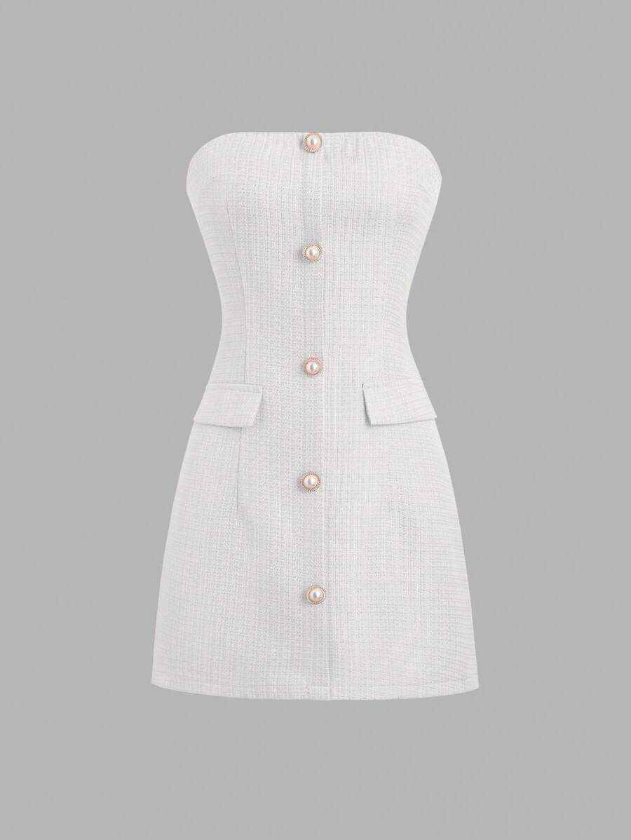 Sweetra 女士纽扣前口袋休闲迷你连衣裙 Y2K 服装俱乐部服装节日连衣裙女士 - 白色 - 查看 1