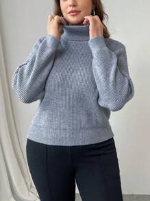 SHEIN Unity 大码纯色高领长袖简约针织毛衣，休闲日常穿着，适合冬季秋季穿着。 - 灰色 - 查看 5