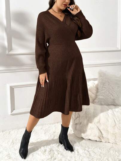 SHEIN Frenchy 优雅简约 A 字型大码女式长袖蝙蝠袖毛衣连衣裙，秋冬