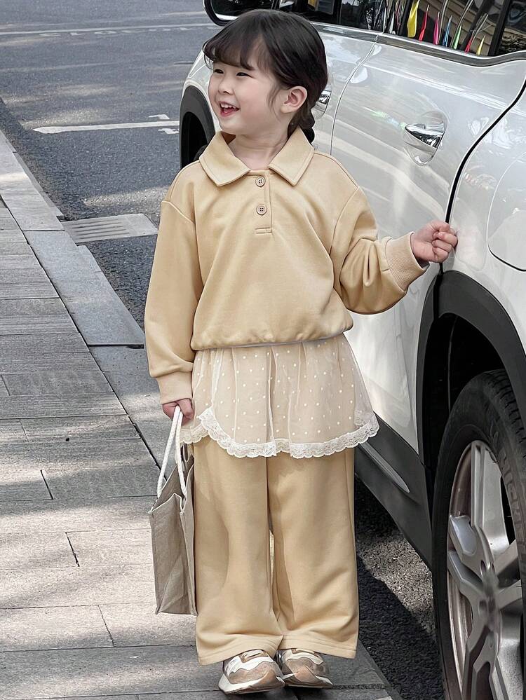 2pcs Young Girl Plain Collar Long Sleeve Top And Long Pants Set