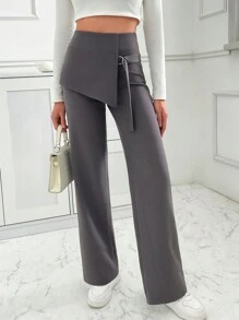 SHEIN PETITE Mid-Rise Pant With Overlapping Fixed Mini Skirt - Grey - View 3