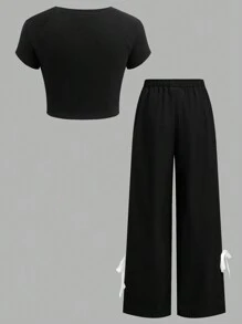 SHEIN Girlism Bộ 2 chiếc áo thun cổ tròn tay ngắn in họa tiết cho bé gái tuổi teen và quần legging - Nhiều màu - Xem 2