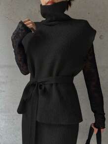 FRIFUL Women Solid Color Turtleneck Simple Blouse And Skirt 2 Pieces Set, Casual