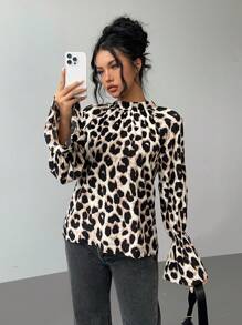 SHEIN Essnce Women's Autumn Leopard Print Long Sleeve Loose Casual Shirt - Multicolor - View 1