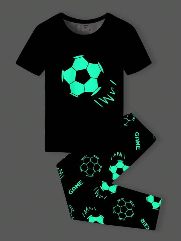 SHEIN Young Boy Neon Soccer Graphic Casual Cartoon Pattern Short Sleeve T-Shirt & Pants Loungewear Set, Snug Fit, Suitable For All Seasons