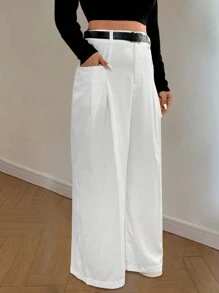 Calvaya Pantalones de corte holgado con diseño de solapas y bolsillos en unicolor, talla grande - Blanco - Ver 5