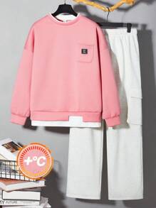 SHEIN 2pcs/Set Teen Boys Casual Korean Loose Asymmetrical Hem 2 In 1 Sweatshirt And Pants Set, Suitable For Autumn/Winter Occasions Like Outing, Halloween, School, Holiday - Multicolor - View 1