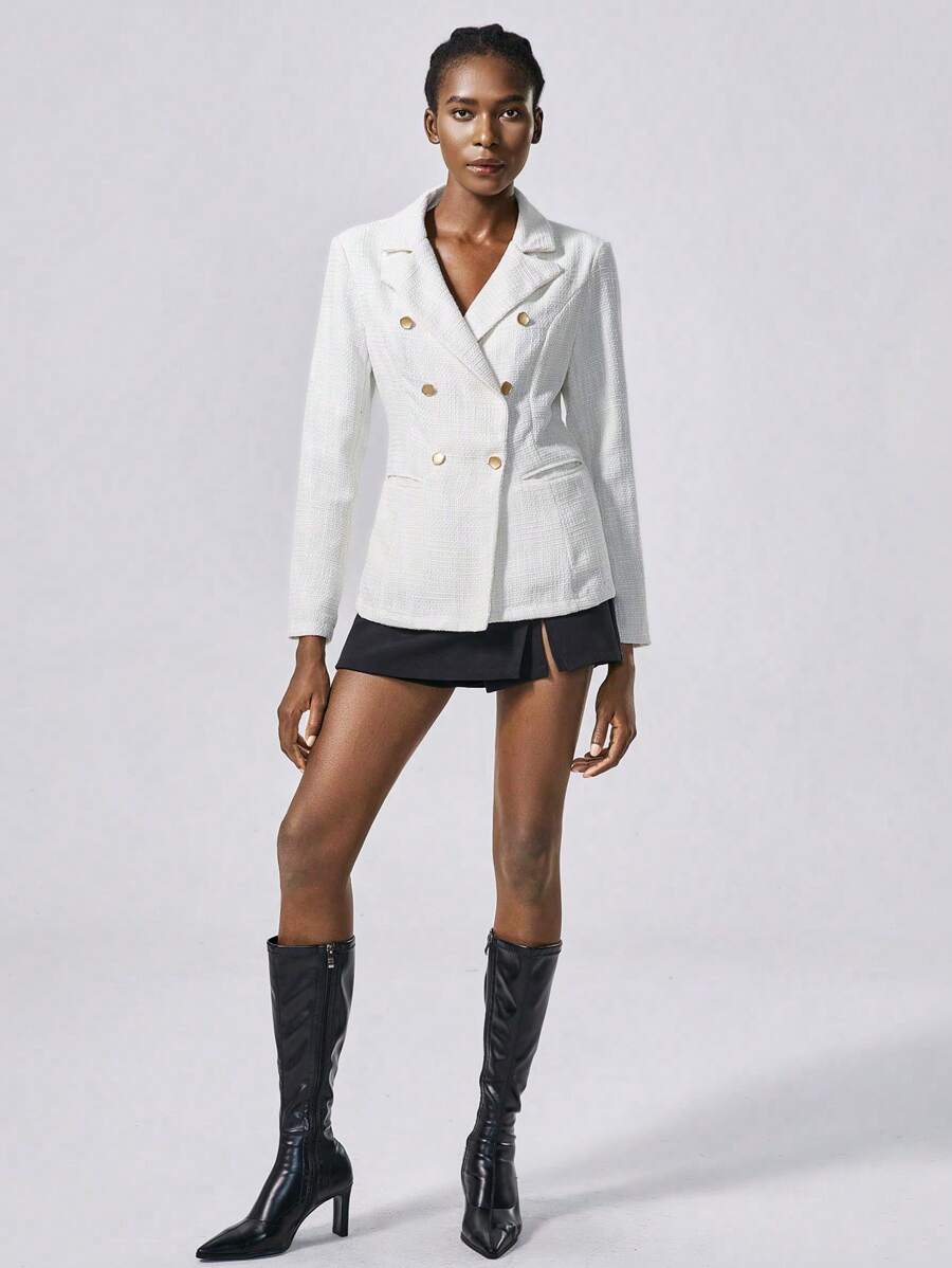 Chiquease Áo khoác vải tuýt hai hàng khuy thanh lịch dành cho nữ - trắng - Xem 1