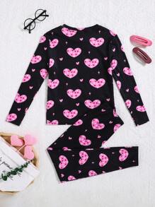 SHEIN Leap Crew Tween Girl Valentine's Theme Heart Pattern Round Neck Drop Shoulder Long Sleeve Top And Leggings Casual Sleepwear Set, 2pcs (2 Sets Sold Separately) - Black - View 2