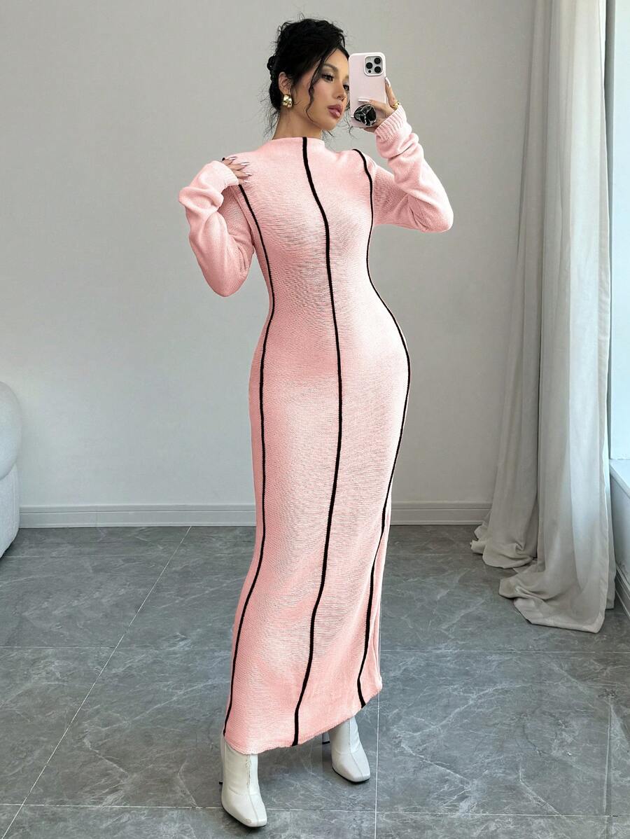 SHEIN ChicEase Đầm dệt kim dài cổ lọ kẻ sọc cho nữ, thường ngày cho mùa thu đông - Nhiều màu - Xem 1