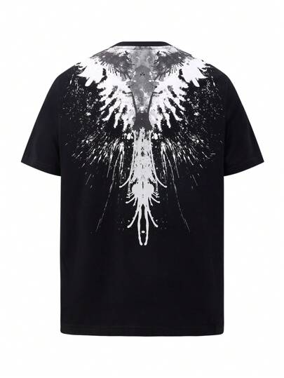 Animal Planet X SHEIN Camiseta de manga corta casual ajustada con estampado de alas en blanco y negro para hombres