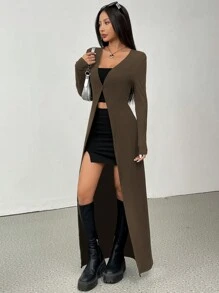 SHEIN EZwear 女士纯色长袖修身前扣开衫 - 棕色 - 查看 5