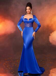 Glamrae Elegantes blaues Partykleid mit V-Ausschnitt, Langarm, Mesh-Front, Pailletten und Fischschwanz-Silhouette, geeignet für Dates, Singles-Partys, Hochzeiten und formelle Anlässe - Königsblau - Übersicht 5