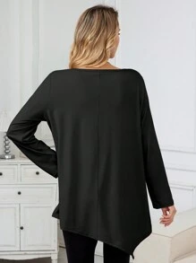 INAWLY Solid Color Asymmetrical Hem Round Neck Long Sleeve T-Shirt Fall Cloth For Women - Black - View 2