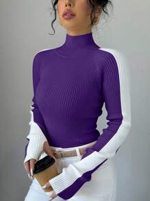 SHEIN Unity 女士立领长袖纯色拼接简约休闲针织套头衫秋冬款 - 紫色 - 查看 1
