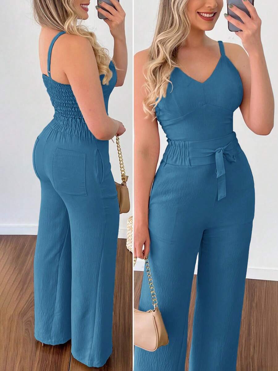 EMERY ROSE Solid Cami Top & Wide Leg Pants - Blue - View 1