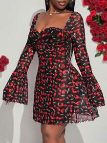 Slaydiva Váy ngắn tay dài bằng vải jacquard nhung bán trong suốt gợi cảm dự tiệc thanh lịch - Nhiều màu - Xem 6