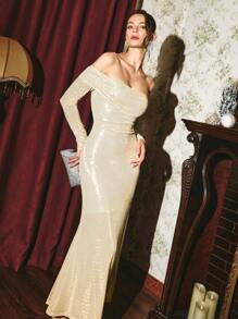 Poéselle Đầm dài hở vai đính sequin trang trí tay dài cho nữ, Đầm trang trọng, Đầm thanh lịch cho nữ, Thanh lịch và quyến rũ, Quần áo thu đông, Trang phục đêm giao thừa, Trang phục ngày lễ, Tiệc Giáng sinh cho nữ, Thích hợp mặc hàng ngày, dạo phố, đi làm, hẹn hò, tiệc tùng và các dịp khác - Vàng - Xem 3