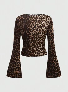 ROMWE Kawaii Women's Retro Y2K Leopard Print Ribbon Tie Cardigan & Ruffle Hem Puff Shorts 2 Pieces Set