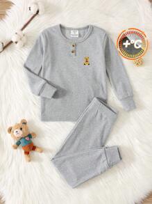 SHEIN 2pcs/Set Tween Boy Minimalist Casual Cartoon Bear Embroidery Decor Round Neck Long Sleeve Top & Pants Soft Comfortable Fleece Snug Fit Pajama Set - Light Grey - View 5