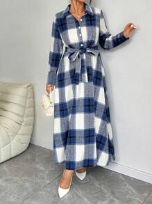 Elenzga 大码抽绳腰长袖休闲连衣裙，简约时尚，适合日常穿着 - 藍色 - 查看 3