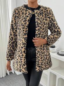 SHEIN Clasi 1 pieza Chaqueta larga de manga larga con apertura frontal y estampado de leopardo con peluche, para otoño/invierno