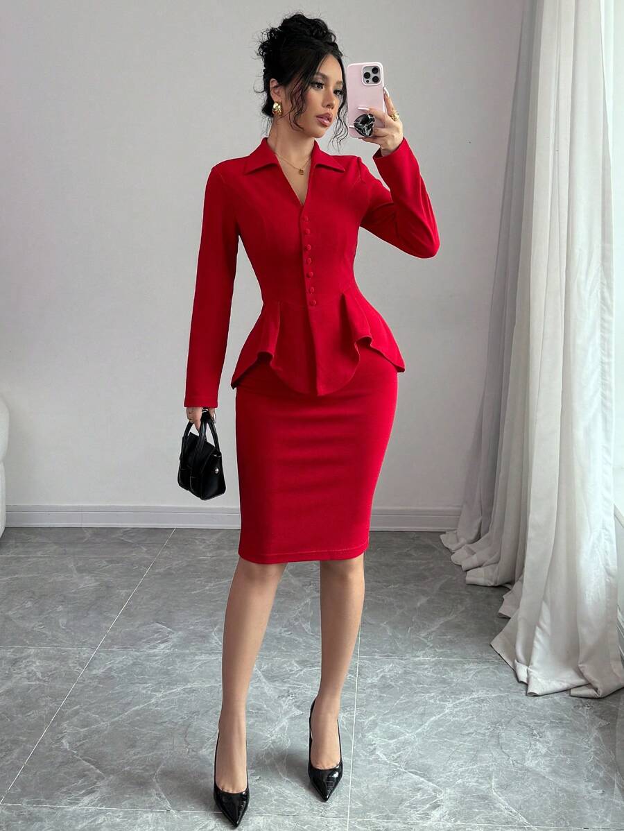 Selianne 女士腰部收紧 V 领上衣和紧身裙套装，秋冬 - 紅色 - 查看 1