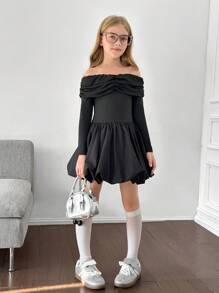 SHEIN Tween Girls Knitted Woven Patchwork Solid Color Off Shoulder Long ...