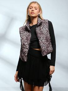 SHEIN EZwear 女士豹纹立领无袖保暖背心外套秋冬季 - 棕色 - 查看 3