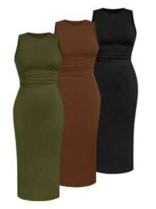 Calvaya Set de 3 vestidos casuales de punto con cuello redondo, sin mangas y de unicolor, de alta elasticidad, para uso casual, veraniegos
