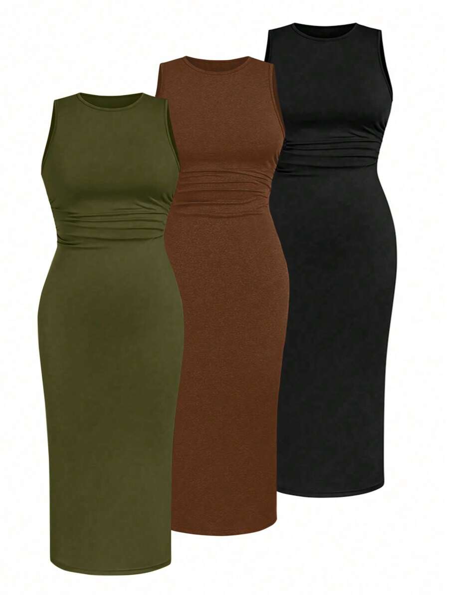 Calvaya Plus Size Women's Spring/Summer Knit High Elasticity Round Neck Sleeveless Solid Color Waist Cinched Bodycon Slim Dress, Green/Brown/Black, 3-Piece Set, Regular Minimalist Commuter Sexy - Multicolor - View 1
