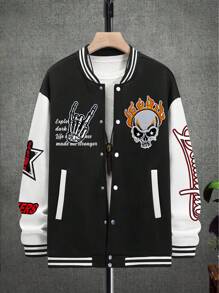 Manfinity EMRG 超大号男士卡通字母印花拼色条纹边饰运动夹克，外出街头装图案棒球长袖夹克，适合朋友、丈夫、男朋友的礼物 - 彩色 - 查看 2