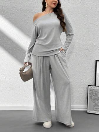 SHEIN Privé 大码女式休闲优雅灰色极简主义套头衫不对称领口大码长袖 T 恤 + 长款垂坠阔腿裤 2 件套，秋冬