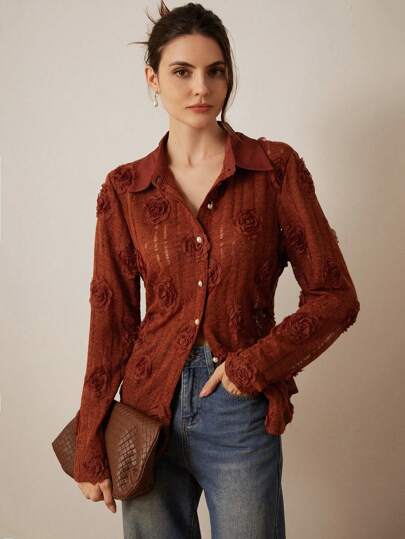 Aveloria Rosie 复古优雅镂空花卉装饰宽松女式衬衫节日派对服装情人节春季纽扣衬衫女式