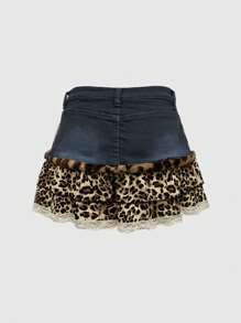 ROMWE Kawaii 大码豹纹撞色蕾丝可爱牛仔迷你裙