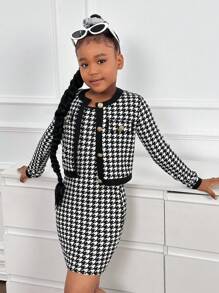 Nova Glow Tween Girl Tween Girl Casual Houndstooth Cardigan Jacket & Slip Dress 2szt. Zestaw
