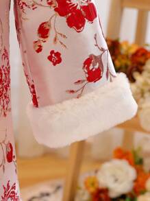 1pc Young Girl Chinese Style New Year Dress, Red Floral Padded Fabric Patchwork With White Fur Trim, Hanfu Dress, Warm Winter