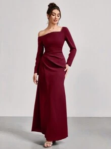 Coutiva 1pc Women's Asymmetrical Neck Long Sleeve Ruched Long Party Gown Dress, Fashion Banquet Party New Year's Eve Festival Socialite Elegant Dress, Wedding Guest Dress, Formal Dress, Evening Dress