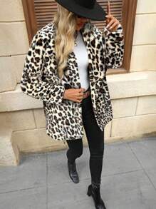 SHEIN LUNE Women's Simple Casual Leopard Print Fluffy Collar Long Sleeve Coat - Multicolor - View 7