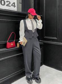 Calvaya 2pcs/Set Casual Commuting Stripe Patchwork Outfit For Older Women