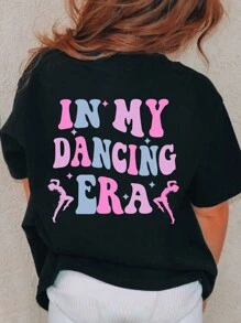 Young Girl Casual Fashionable Colorful Gradient Letter Slogan Graphic Print Basic Short Sleeve T-Shirt - Black - View 1